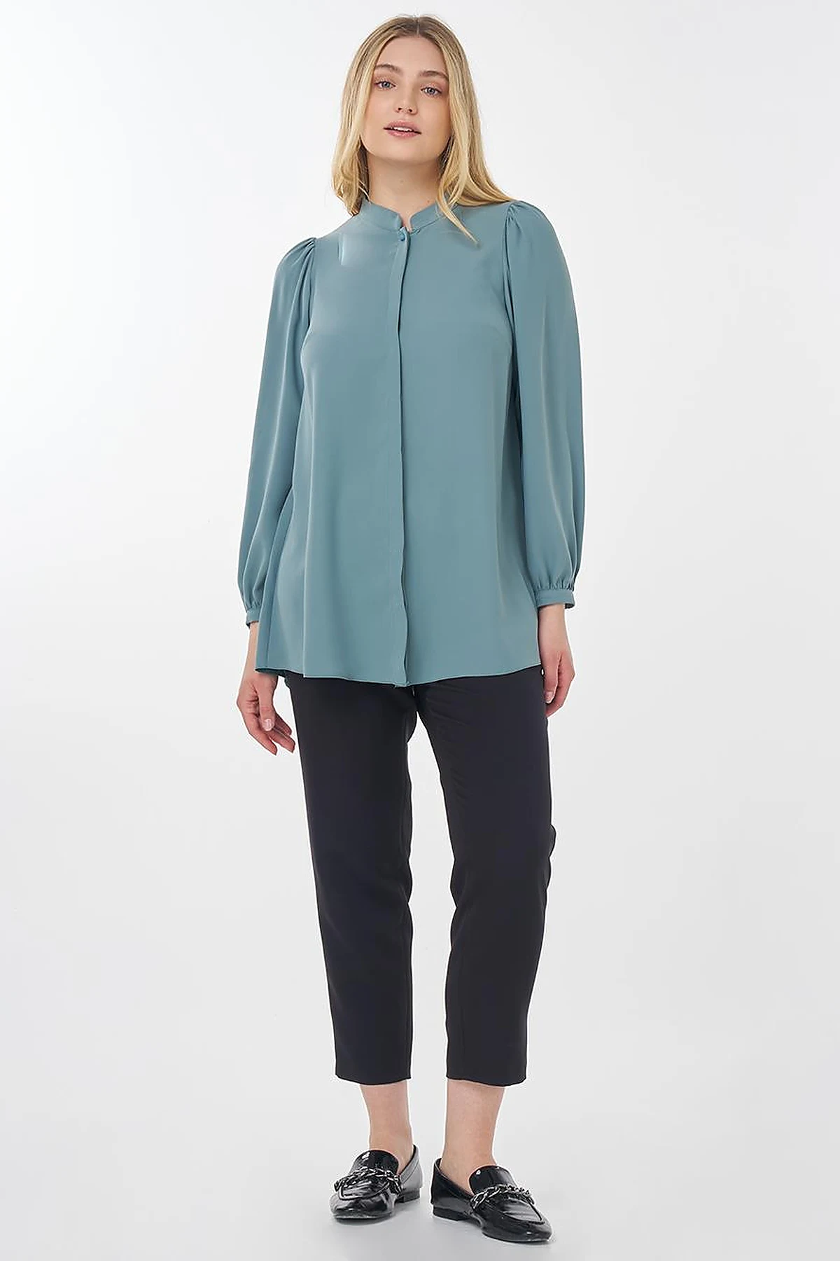 Mandarin Collar Asymmetrical Cut Blouse Mint