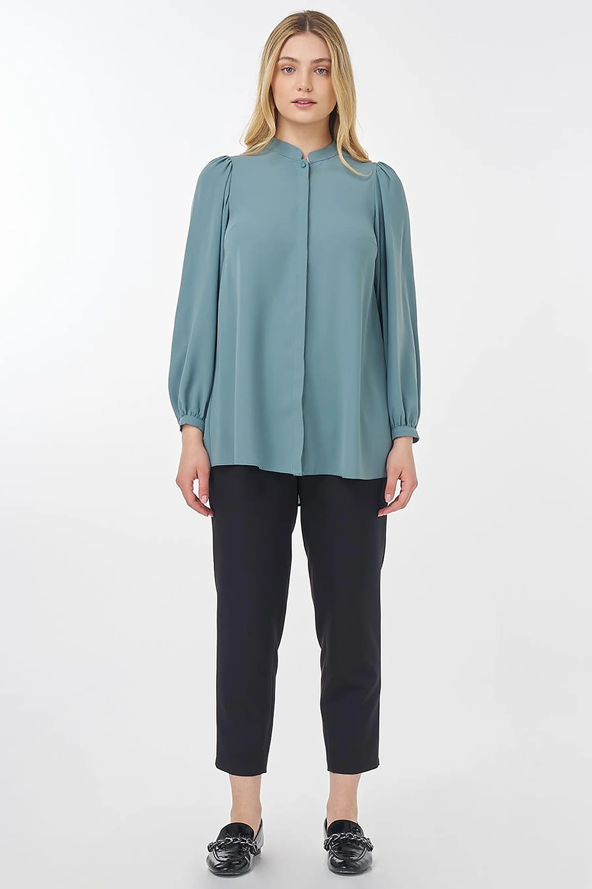 Mandarin Collar Asymmetrical Cut Blouse Mint