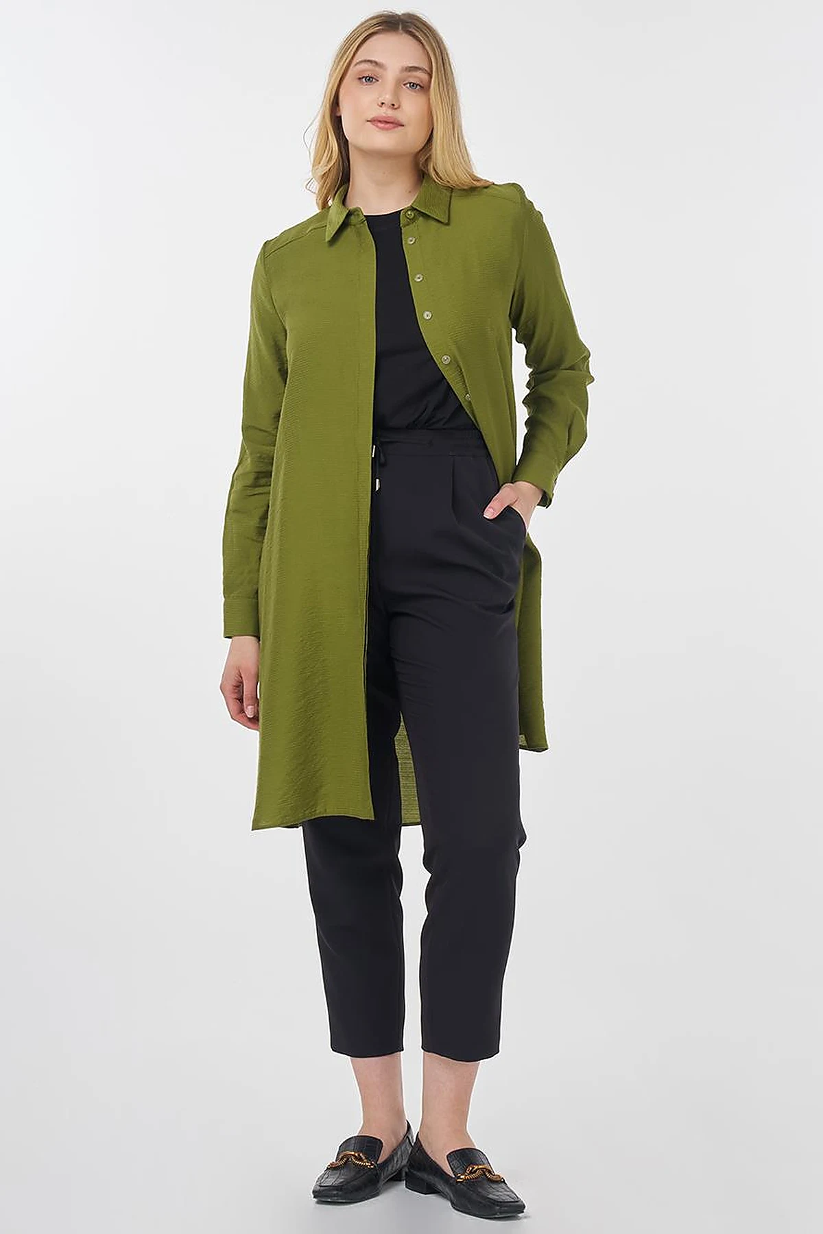 Hidden Button Long Basic Tunic Olive Green