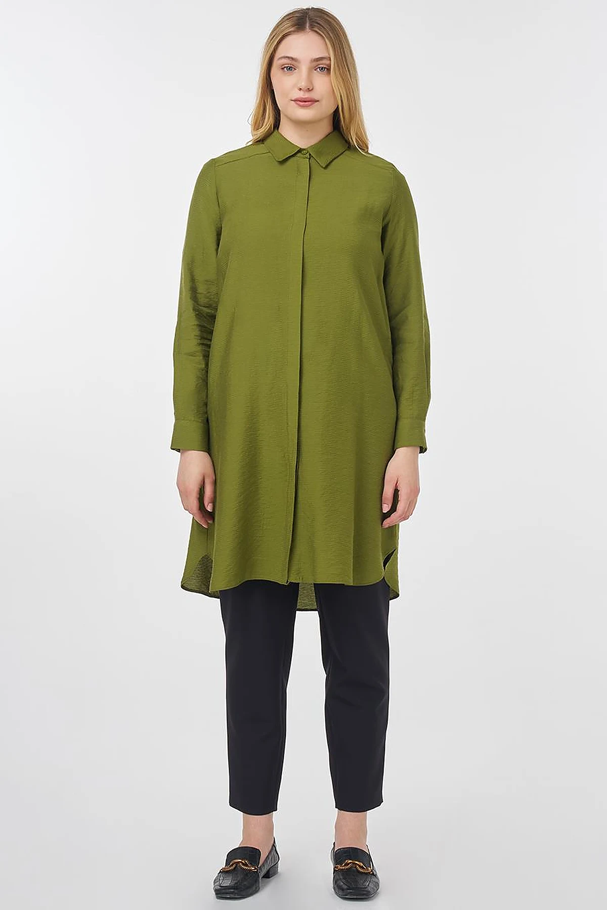Hidden Button Long Basic Tunic Olive Green