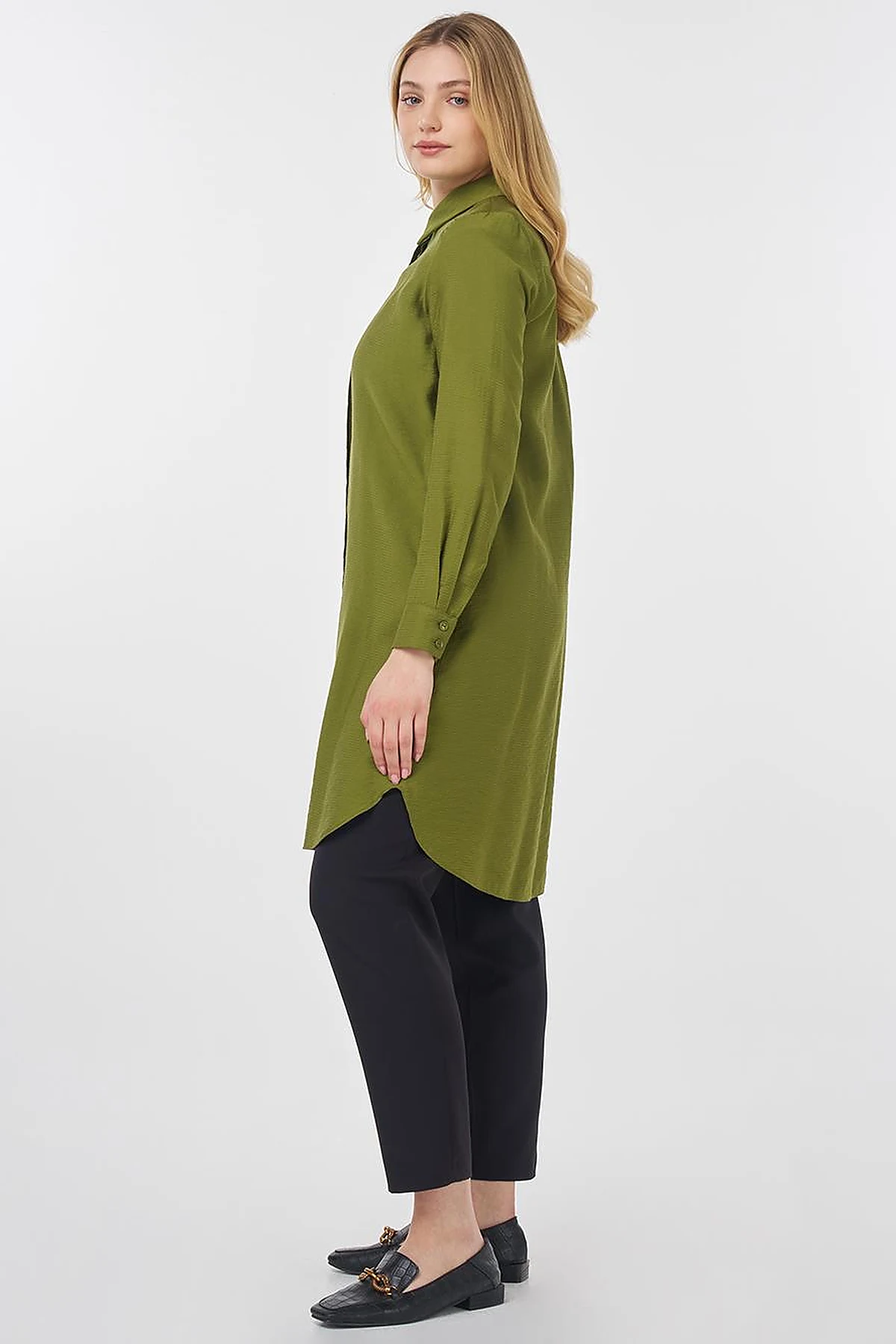 Hidden Button Long Basic Tunic Olive Green
