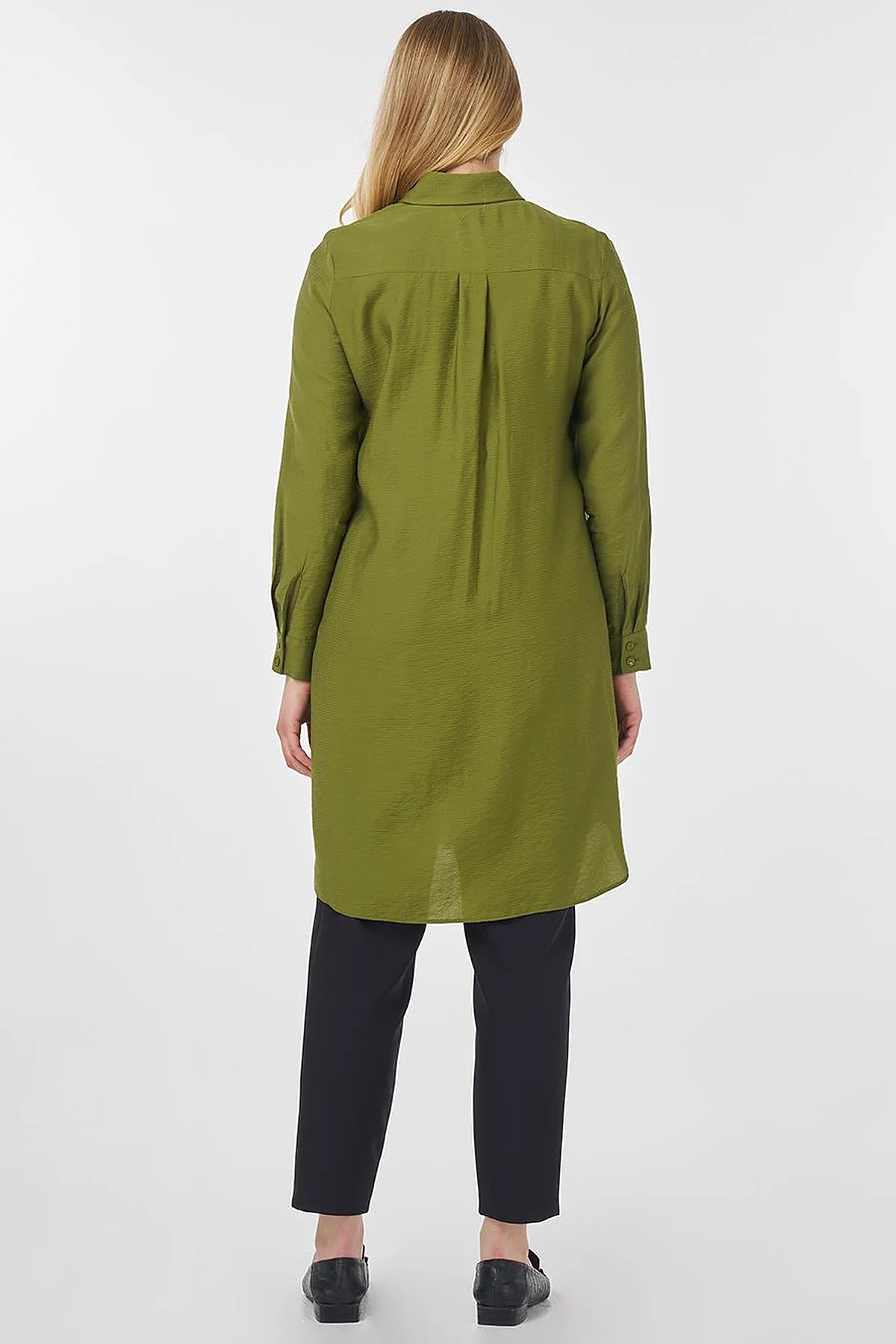 Hidden Button Long Basic Tunic Olive Green
