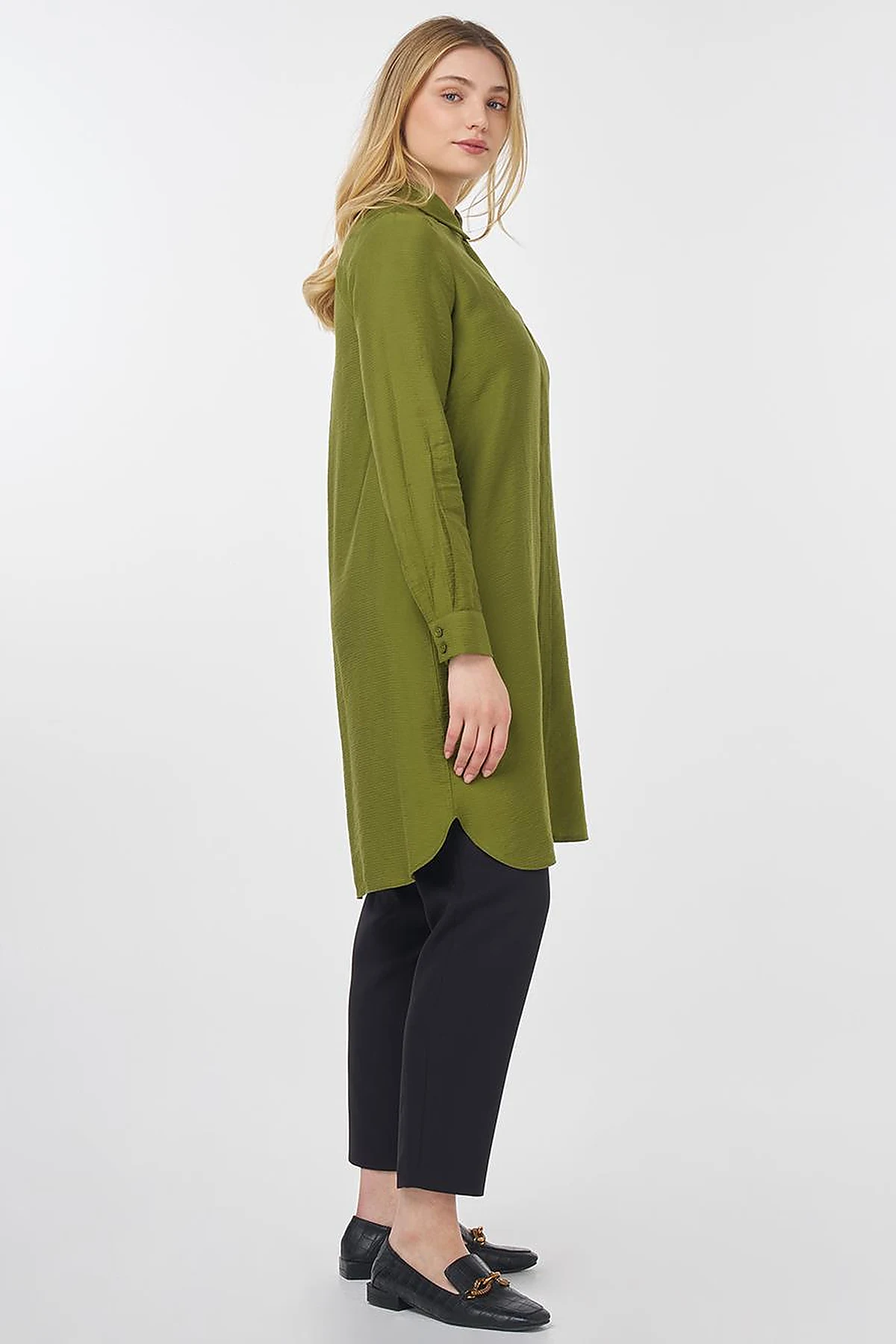 Hidden Button Long Basic Tunic Olive Green
