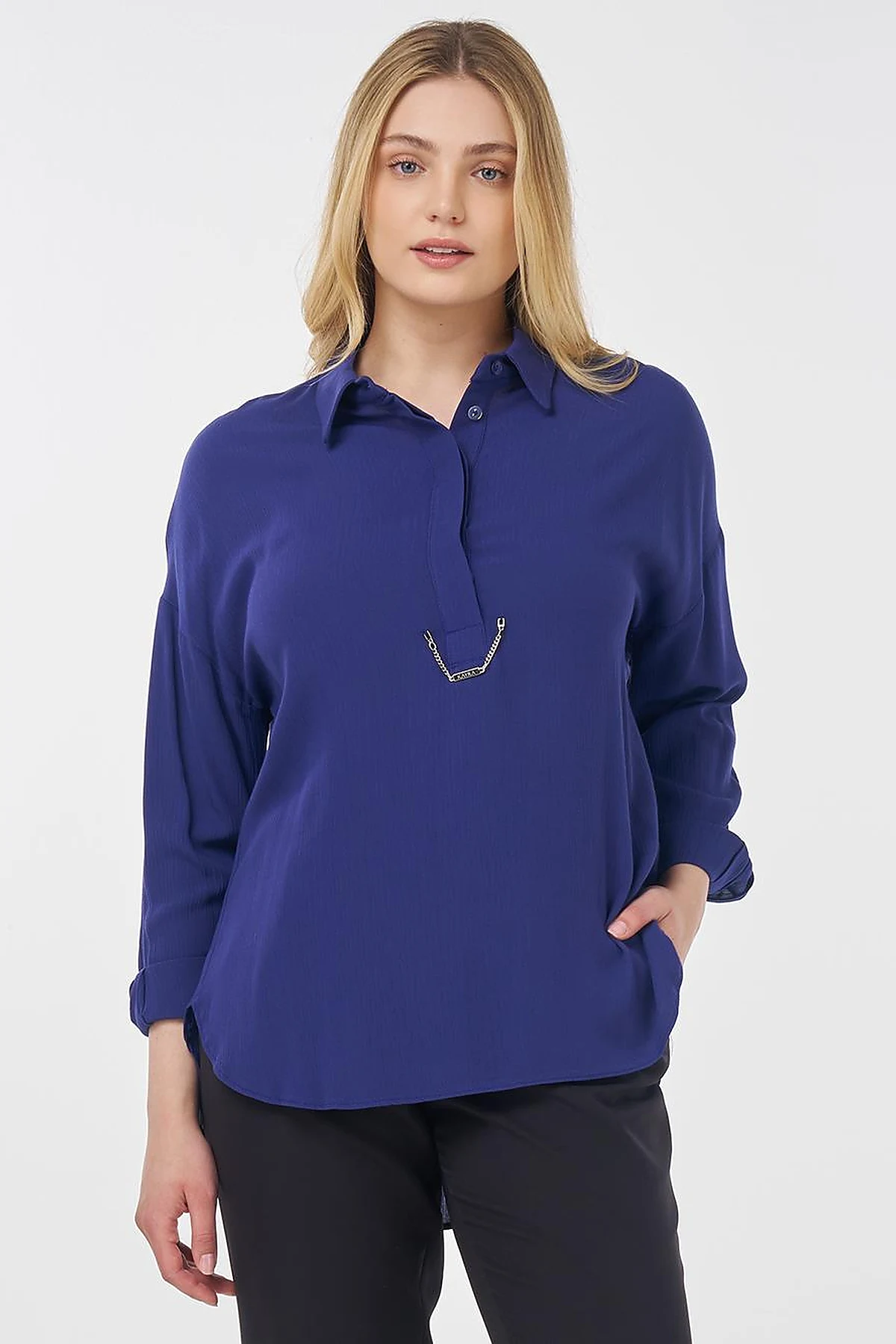 Half Placket Viscose Blouse Indigo