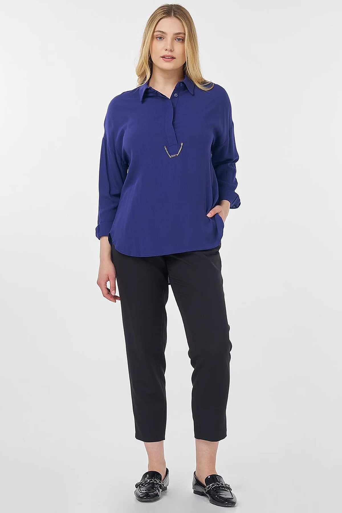 Half Placket Viscose Blouse Indigo