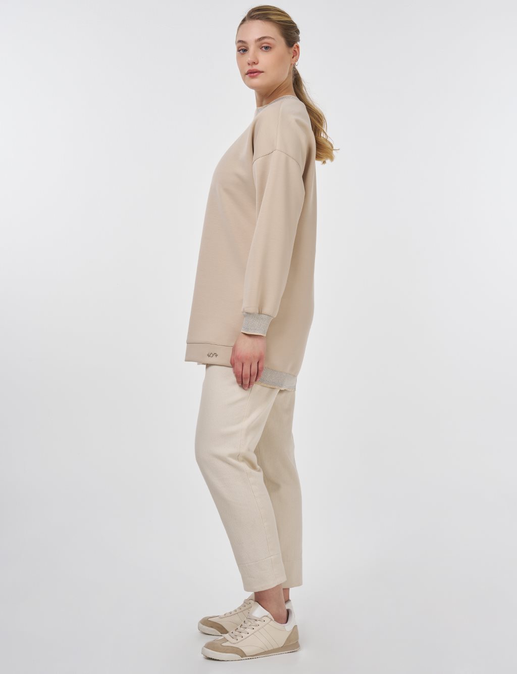 Ribanalı Sıfır Yaka Sweatshirt Açık Bej