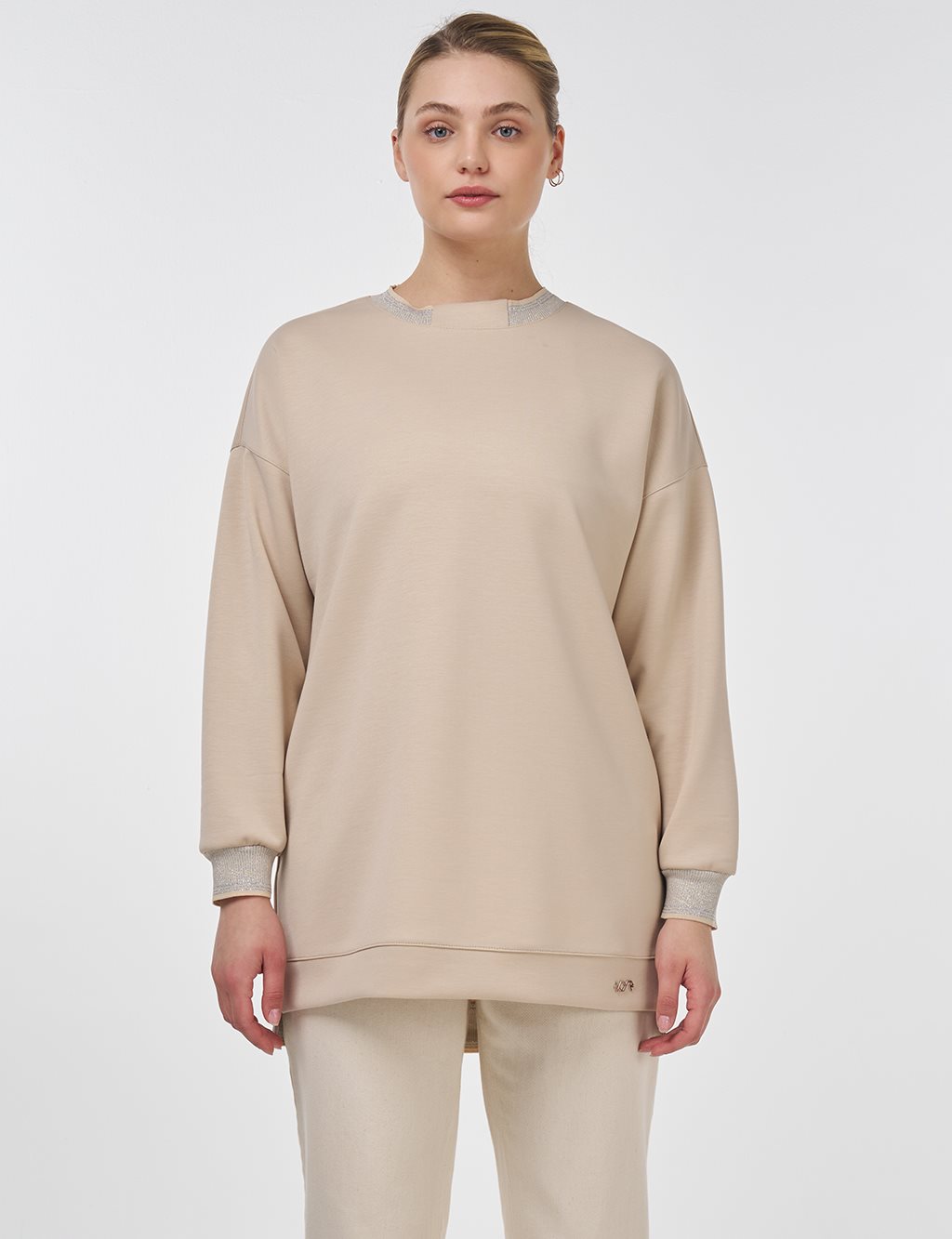 Ribanalı Sıfır Yaka Sweatshirt Açık Bej