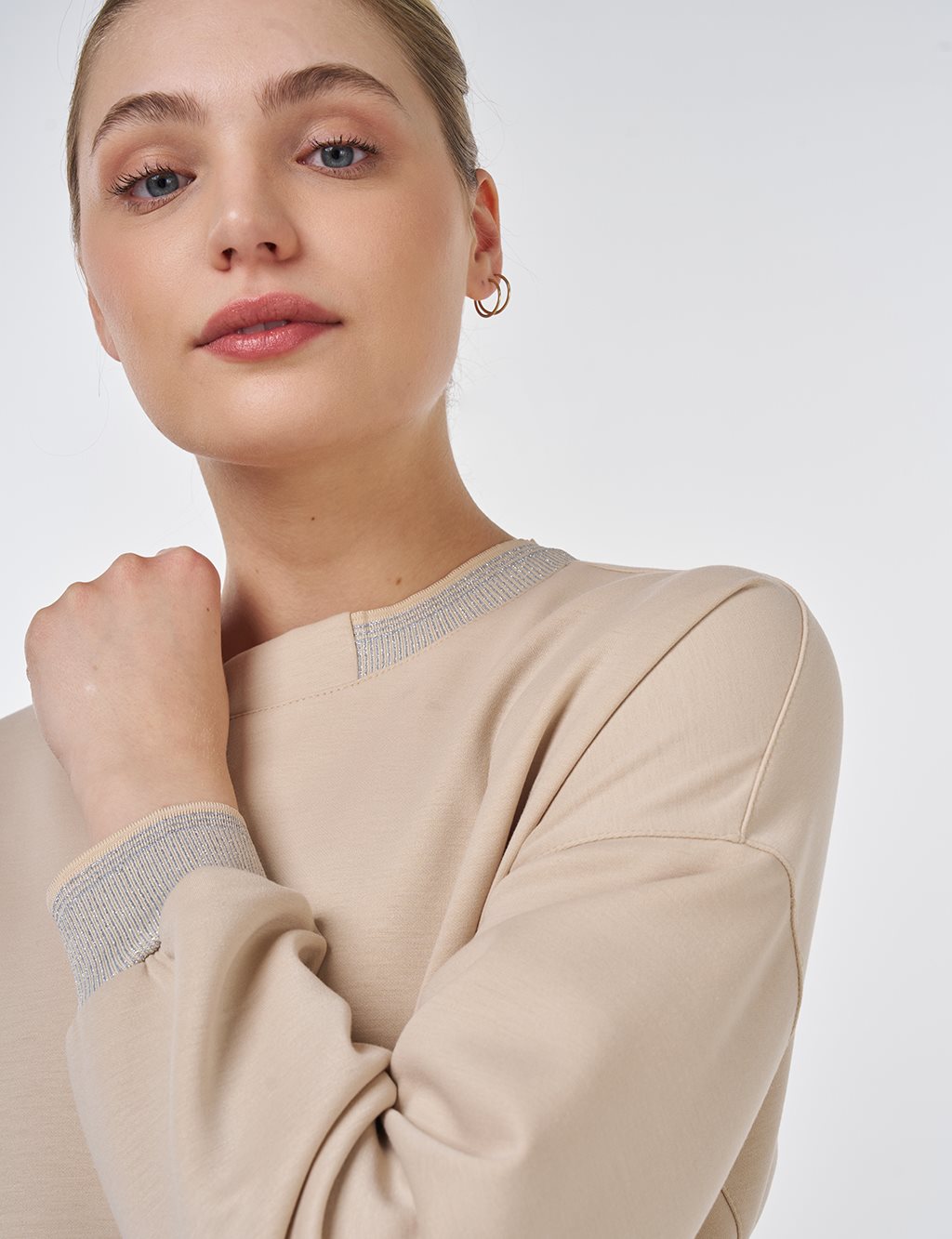 Ribanalı Sıfır Yaka Sweatshirt Açık Bej