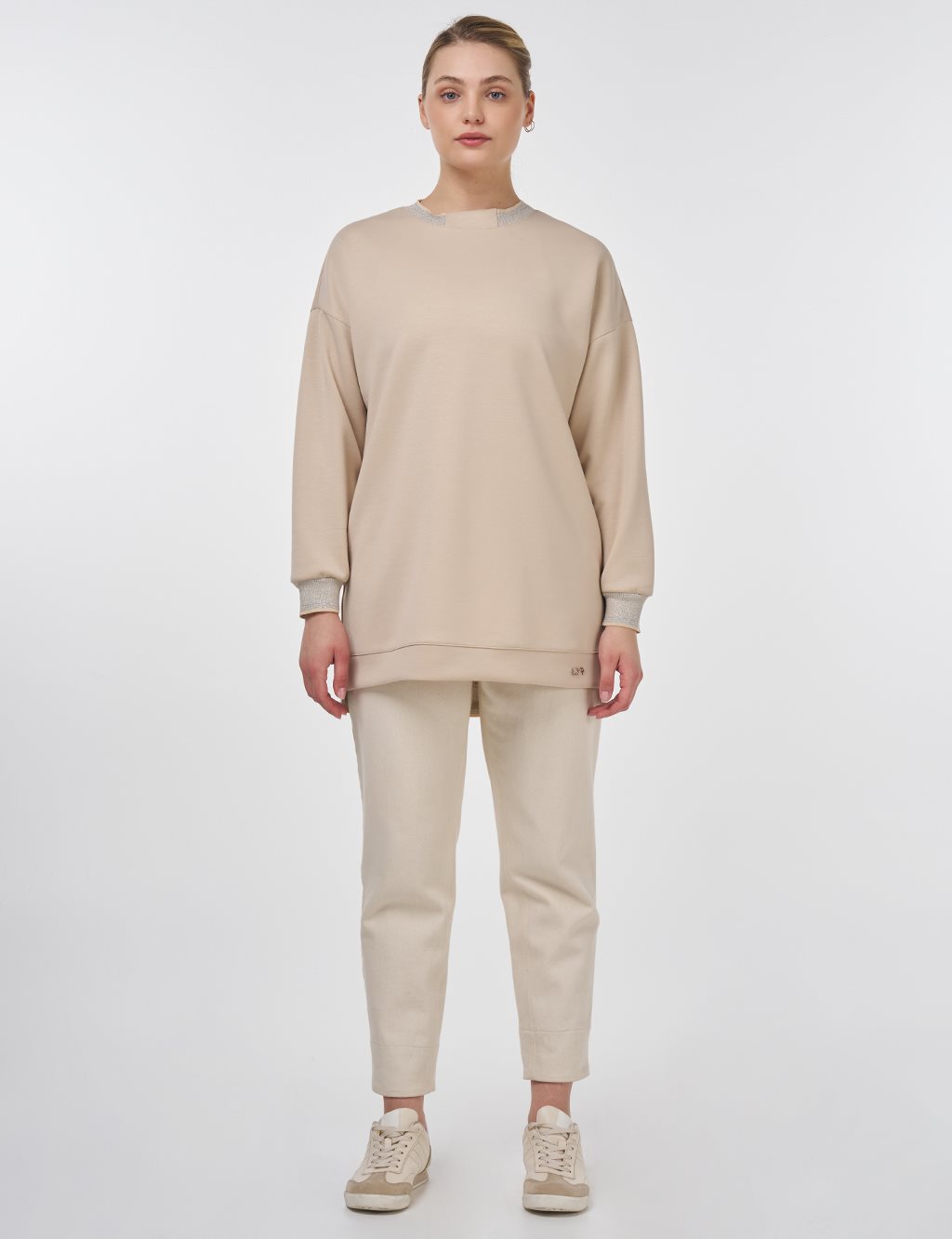 Ribanalı Sıfır Yaka Sweatshirt Açık Bej