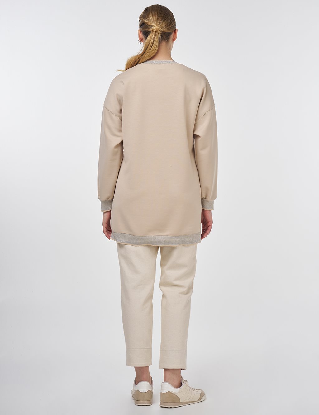 Ribanalı Sıfır Yaka Sweatshirt Açık Bej