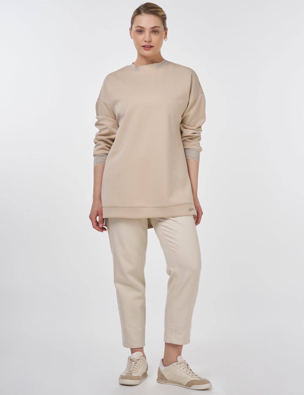 Ribanalı Sıfır Yaka Sweatshirt Açık Bej