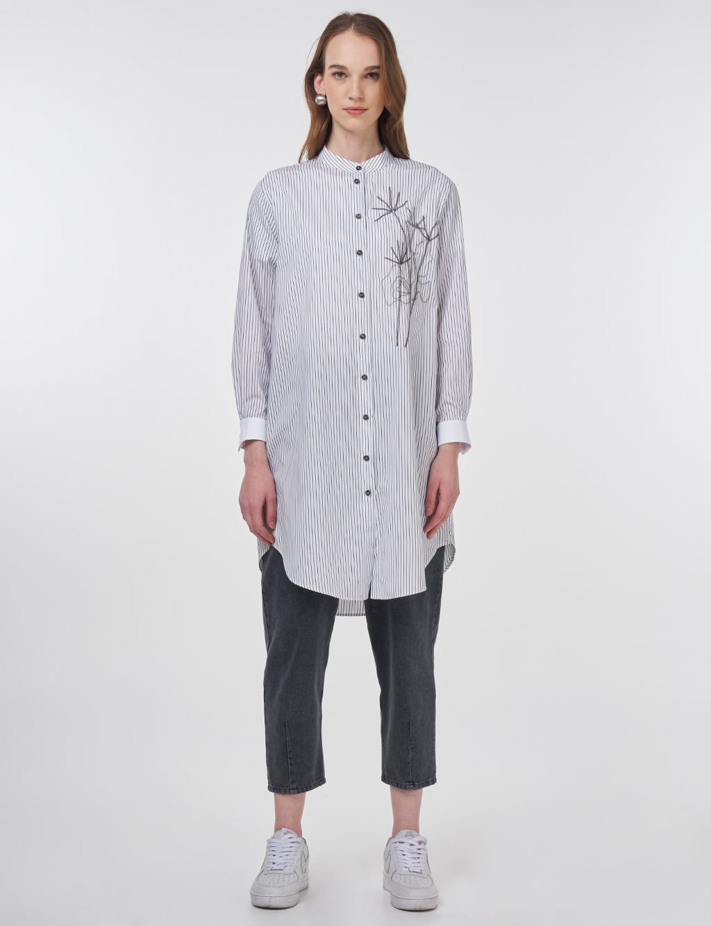 Striped Mandarin Collar Tunic Black 