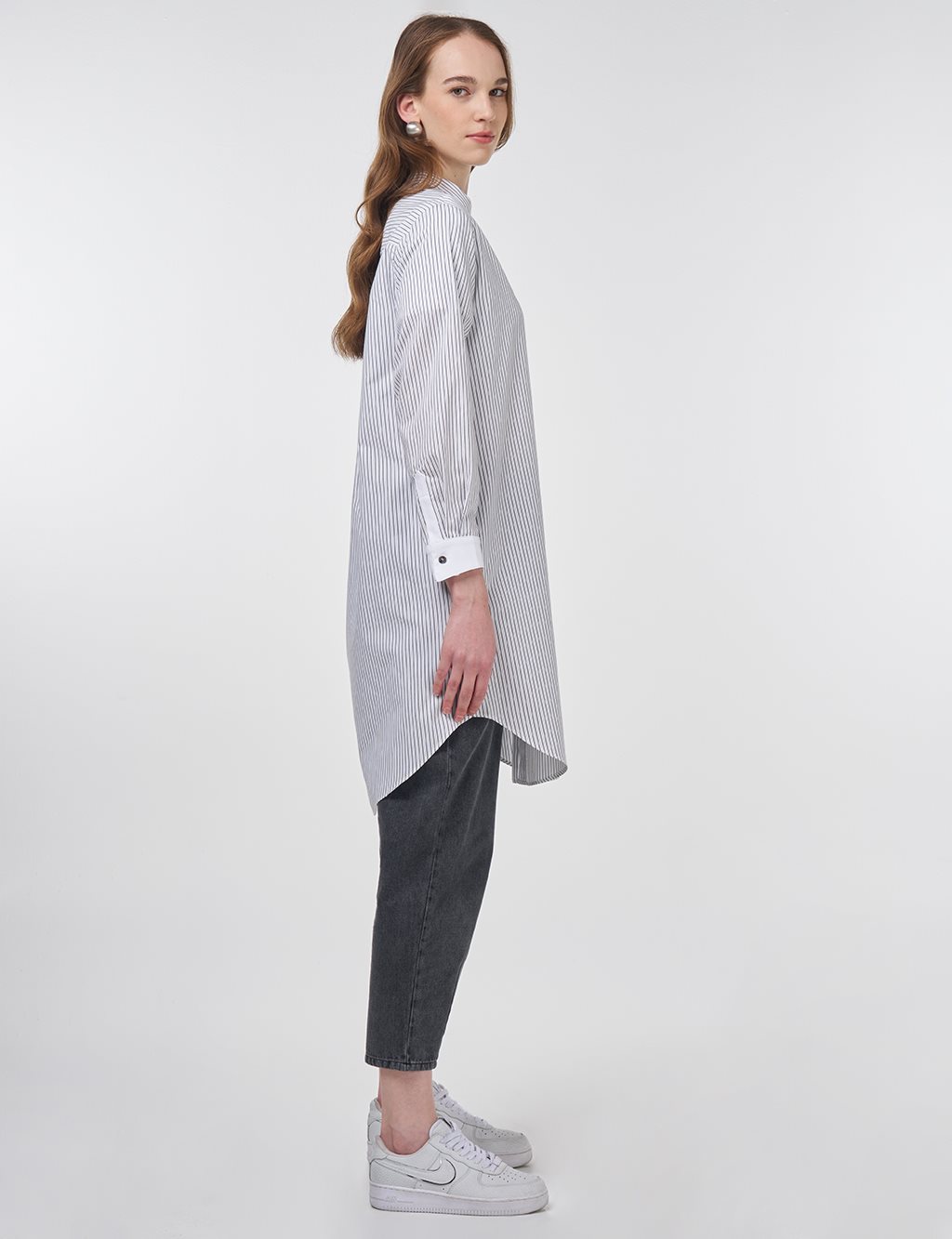 Striped Mandarin Collar Tunic Black 