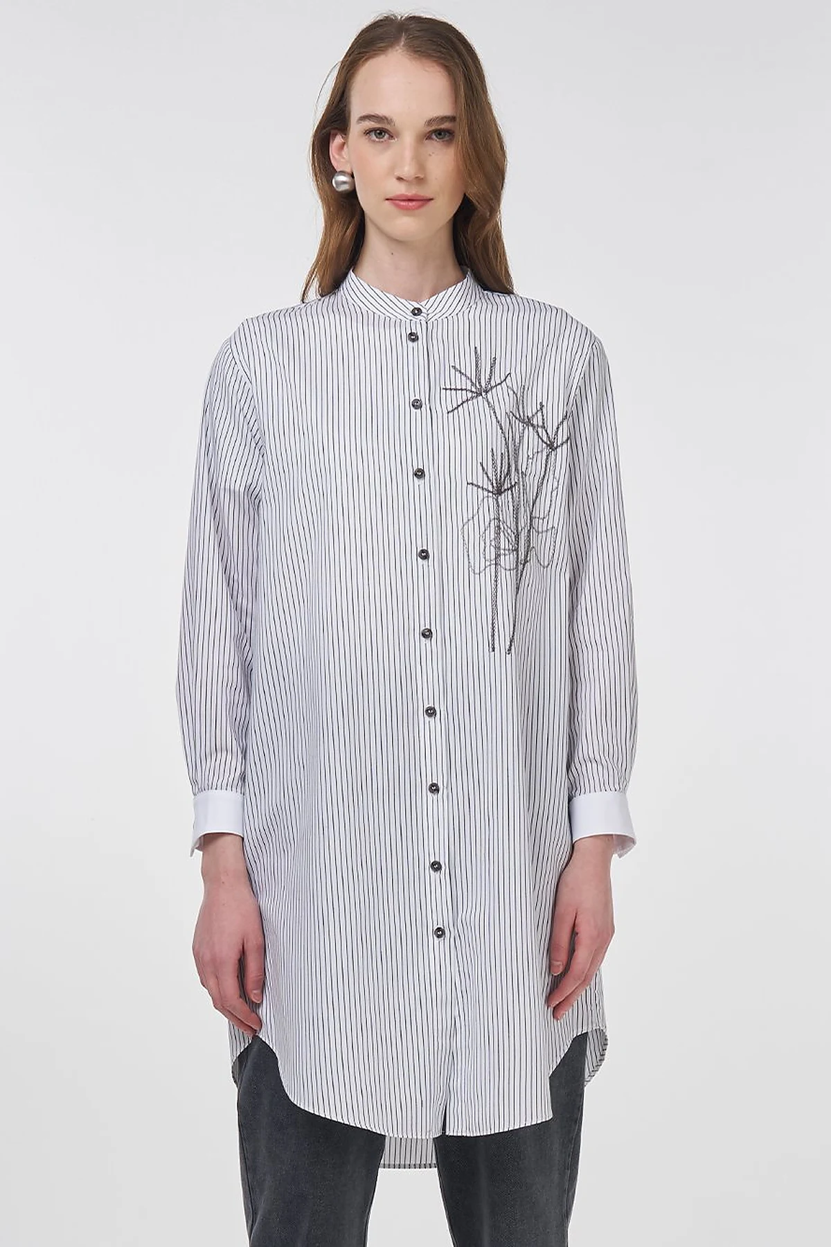 Striped Mandarin Collar Tunic Black 