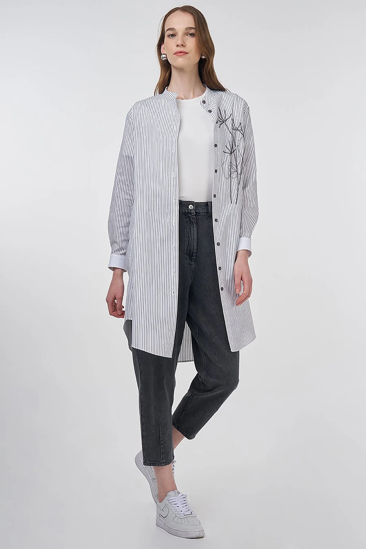 Striped Mandarin Collar Tunic Black 