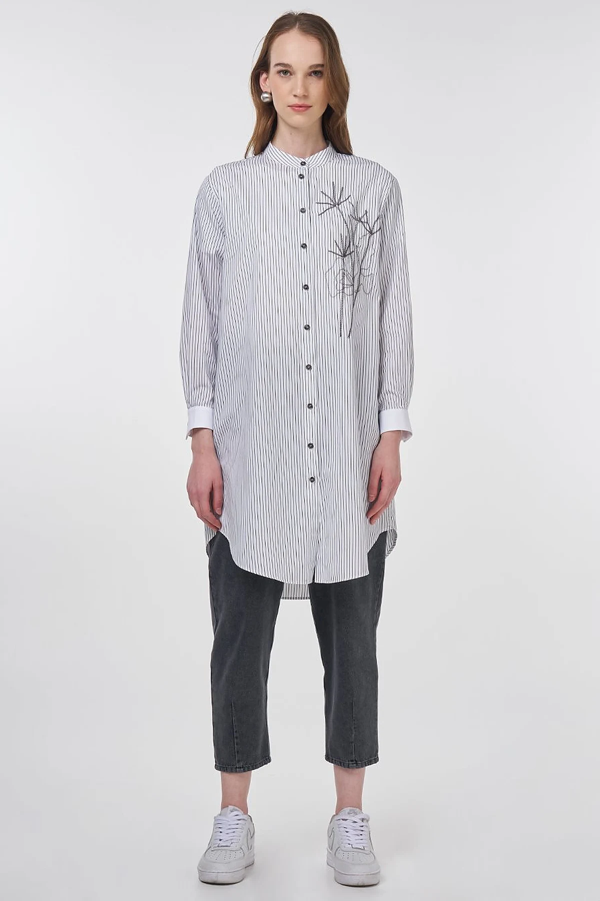 Striped Mandarin Collar Tunic Black 