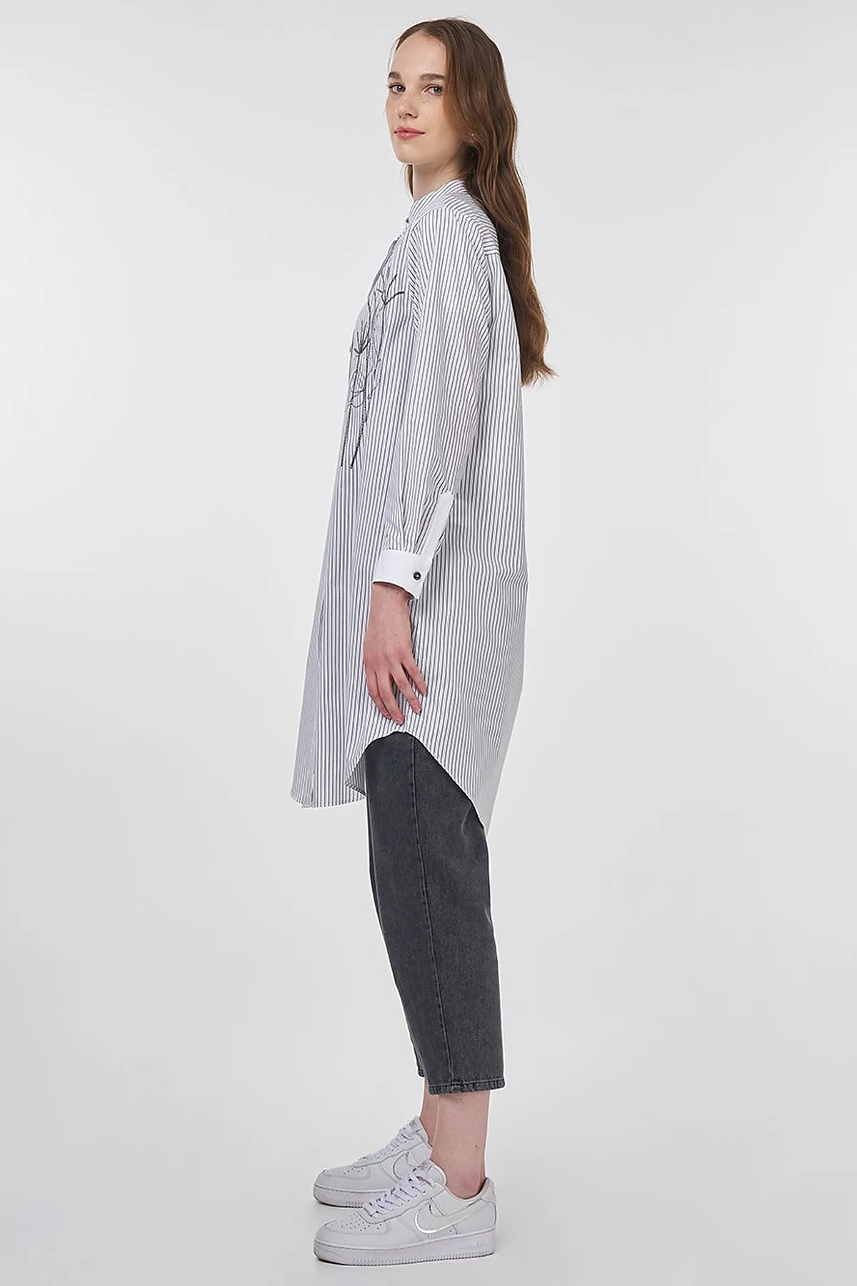 Striped Mandarin Collar Tunic Black 