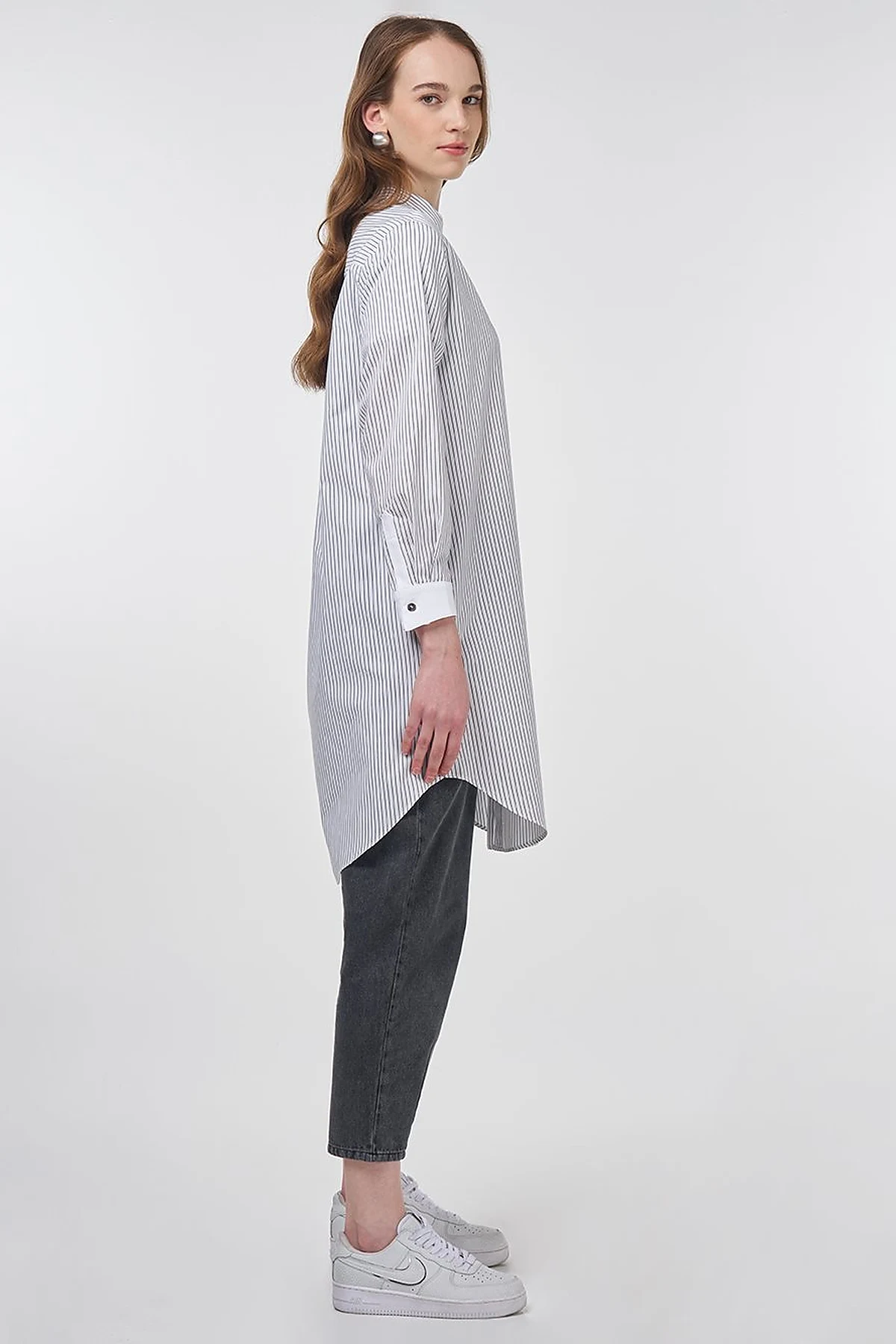 Striped Mandarin Collar Tunic Black 