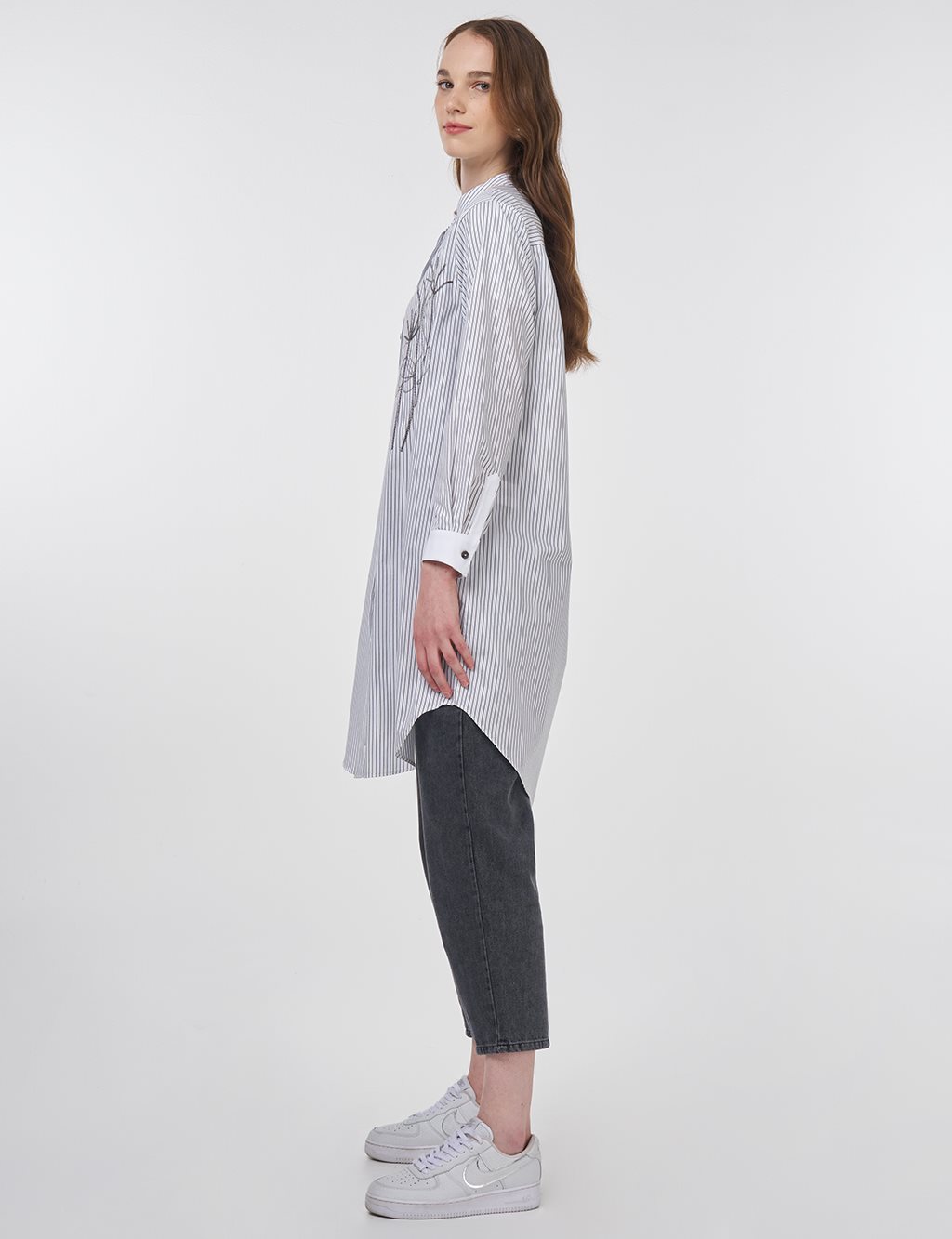 Striped Mandarin Collar Tunic Black 