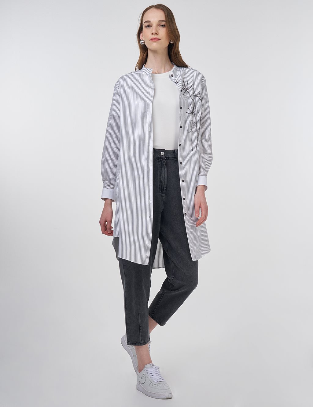 Striped Mandarin Collar Tunic Black 