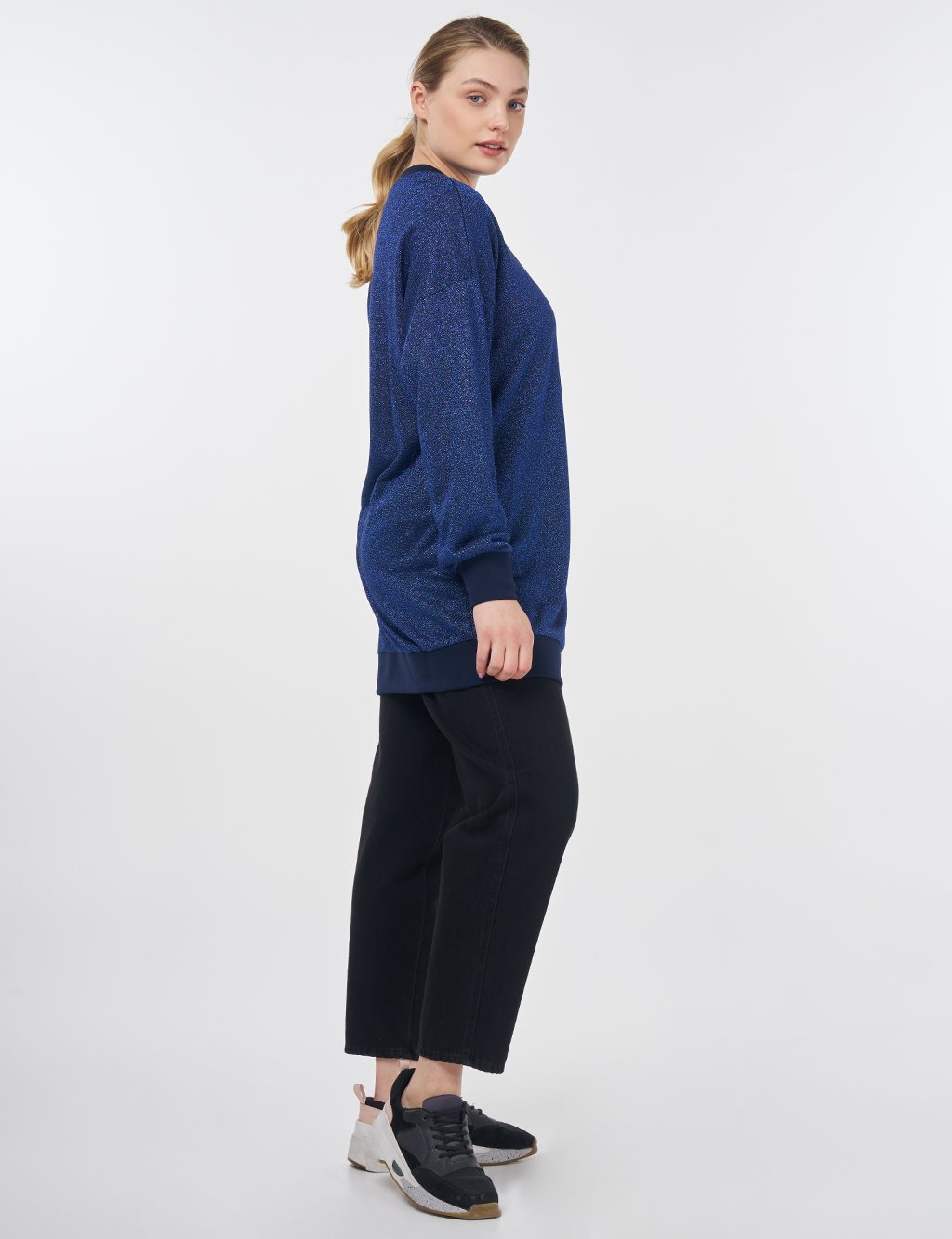Simli Sıfır Yaka Sweatshirt Lacivert 