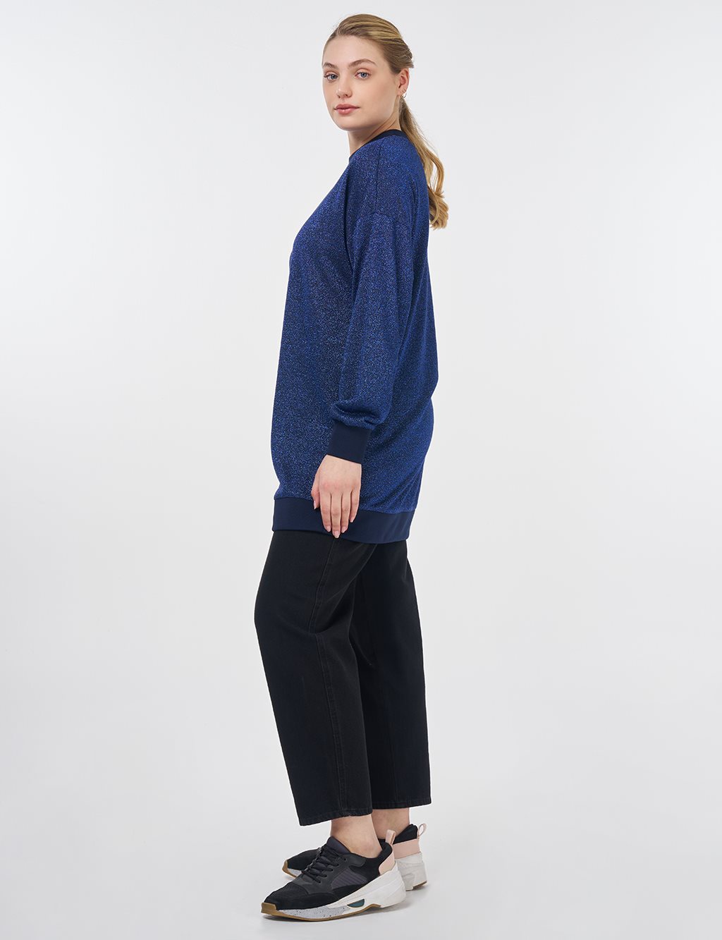 Simli Sıfır Yaka Sweatshirt Lacivert 
