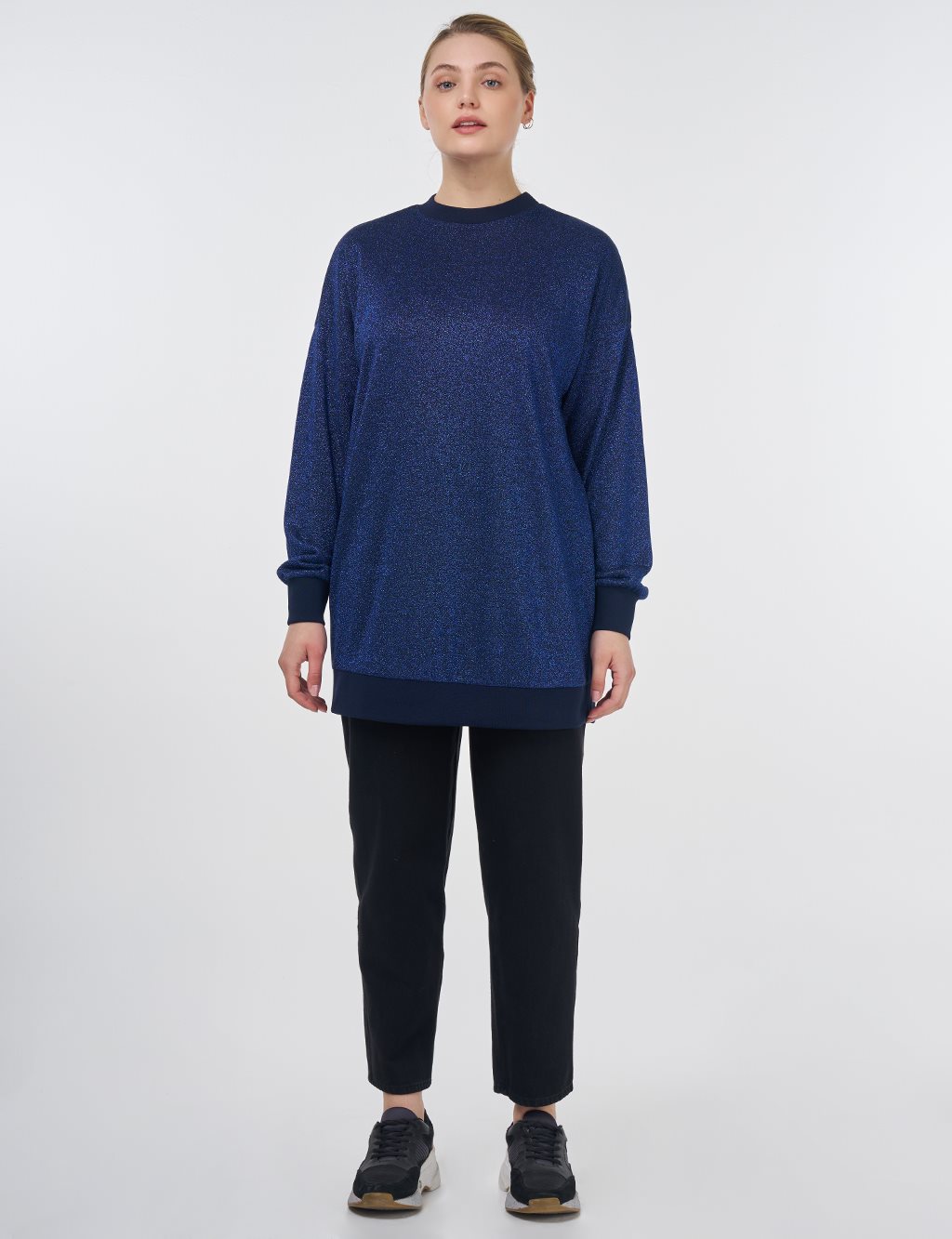Simli Sıfır Yaka Sweatshirt Lacivert 