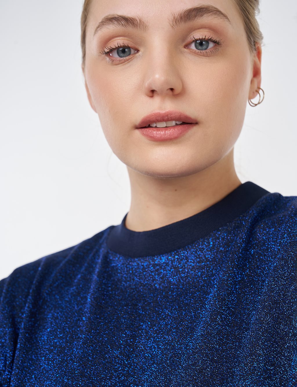 Simli Sıfır Yaka Sweatshirt Lacivert 
