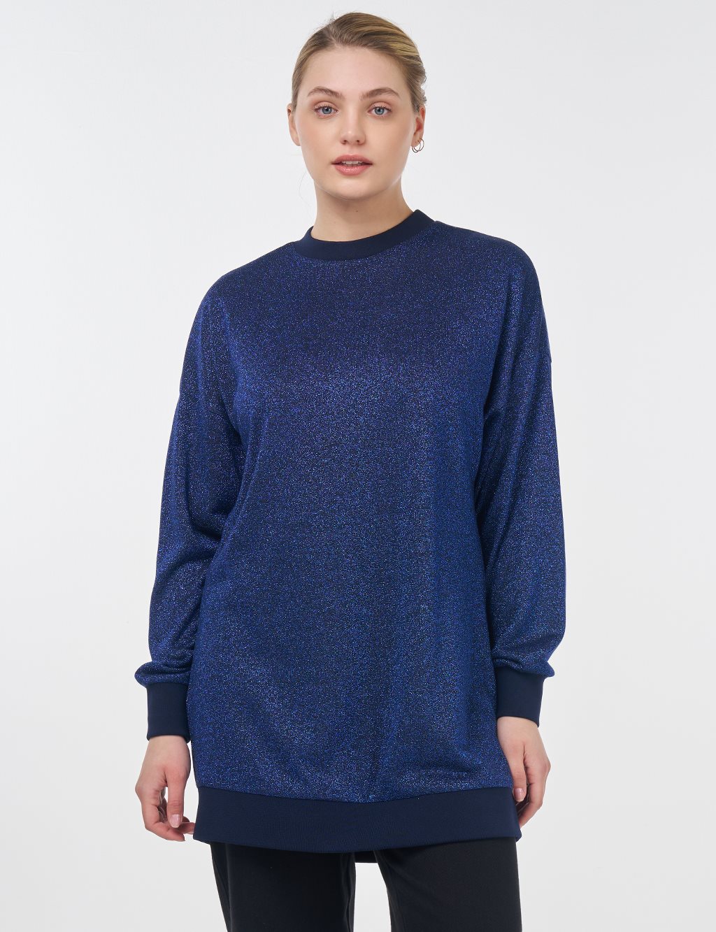 Simli Sıfır Yaka Sweatshirt Lacivert 