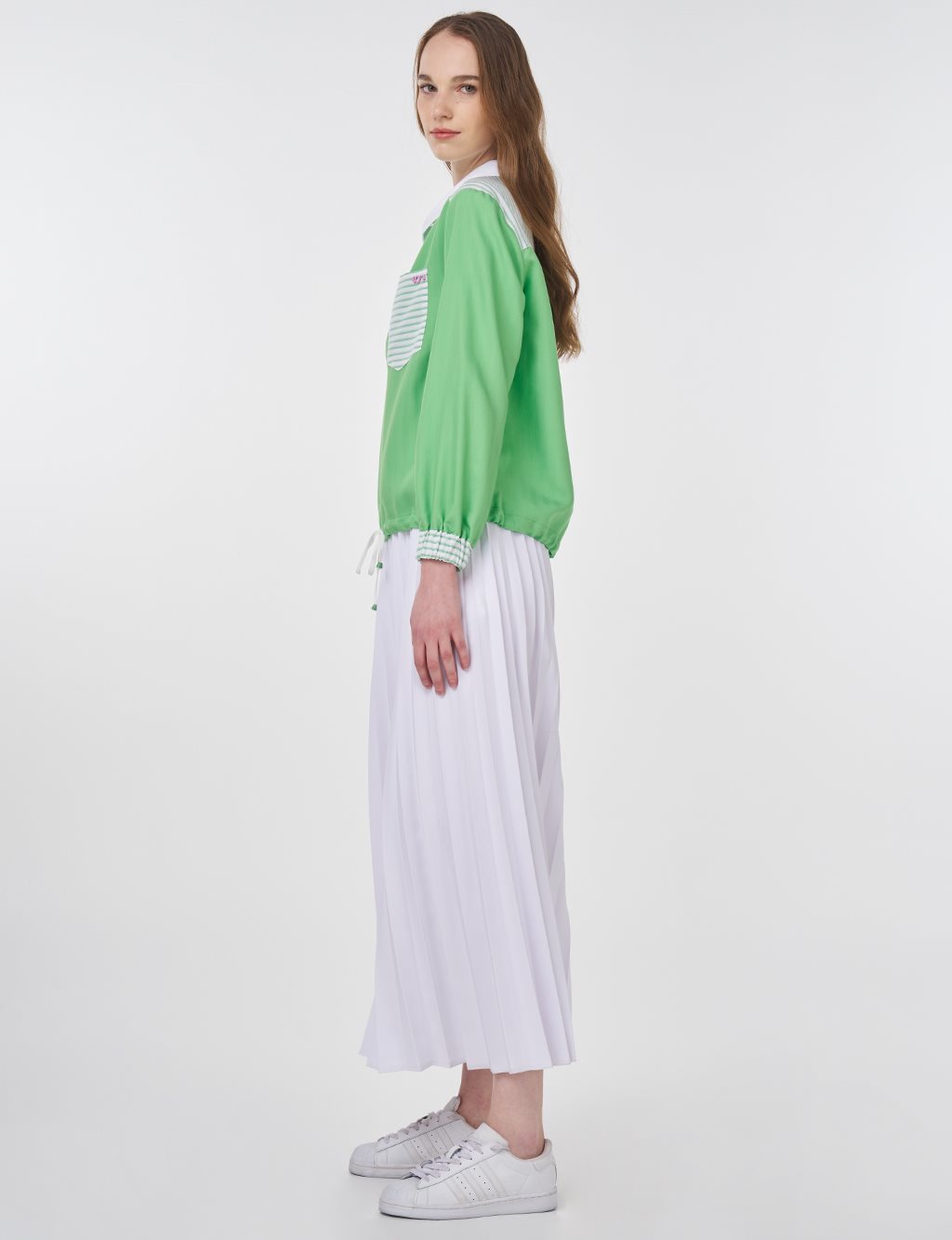 Polo Collar Trimmed Blouse in Light Green