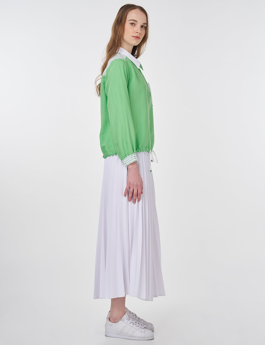 Polo Collar Trimmed Blouse in Light Green