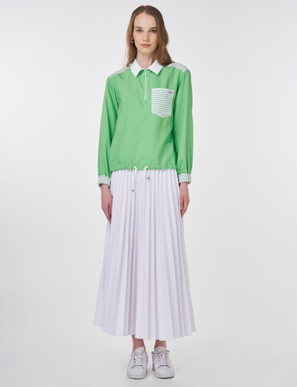 Polo Collar Trimmed Blouse in Light Green
