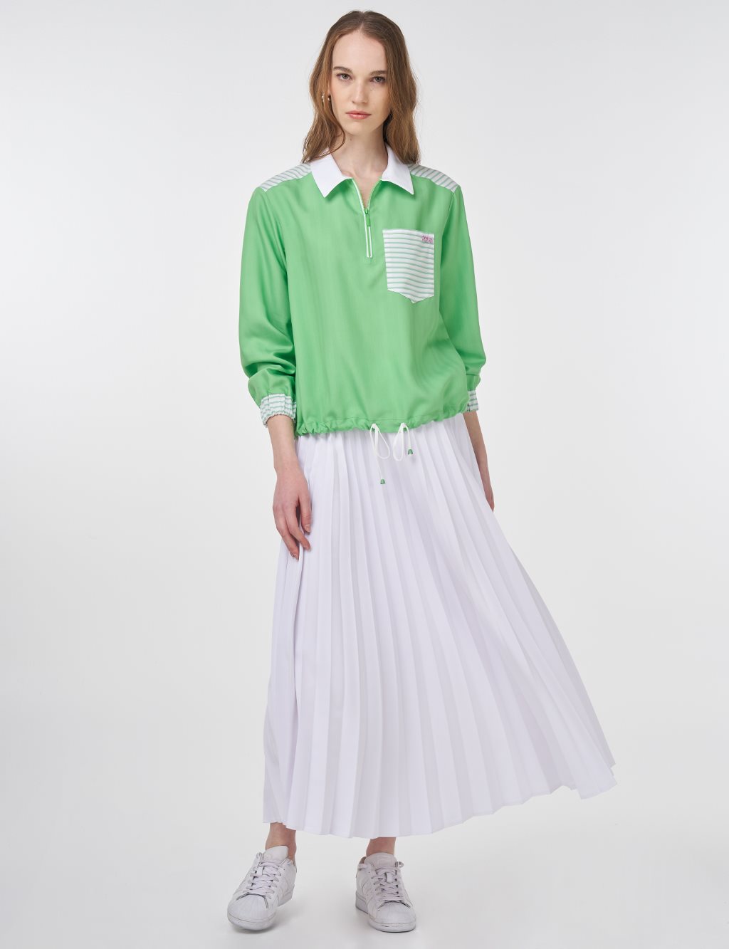 Polo Collar Trimmed Blouse in Light Green