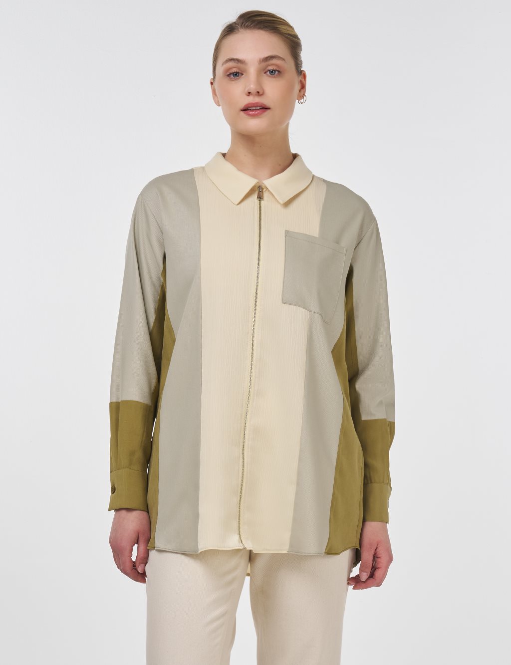 Color Block Zip-Up Tunic Mold Green