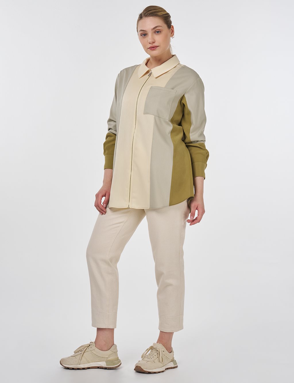 Color Block Zip-Up Tunic Mold Green