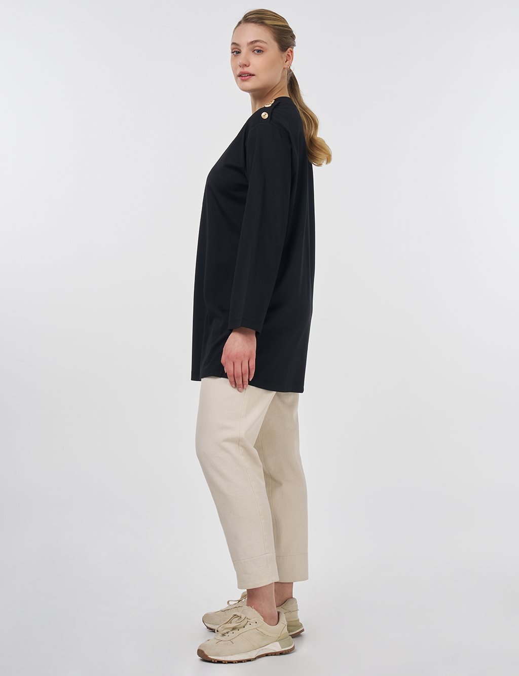 Button-Detail Jersey Tunic Black