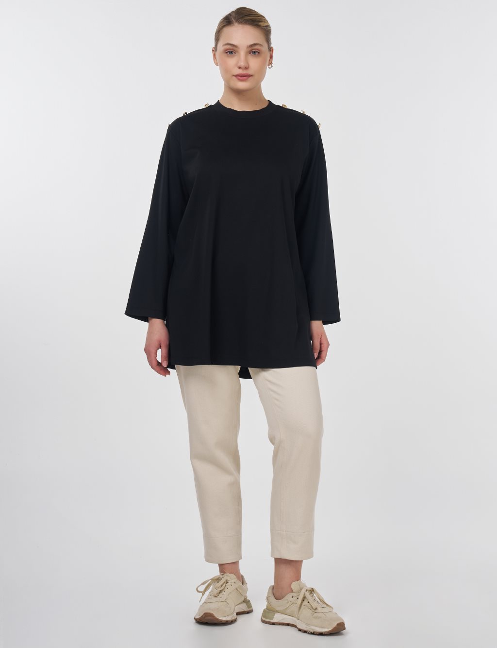 Button-Detail Jersey Tunic Black