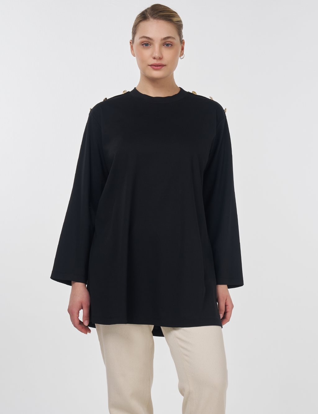 Button-Detail Jersey Tunic Black