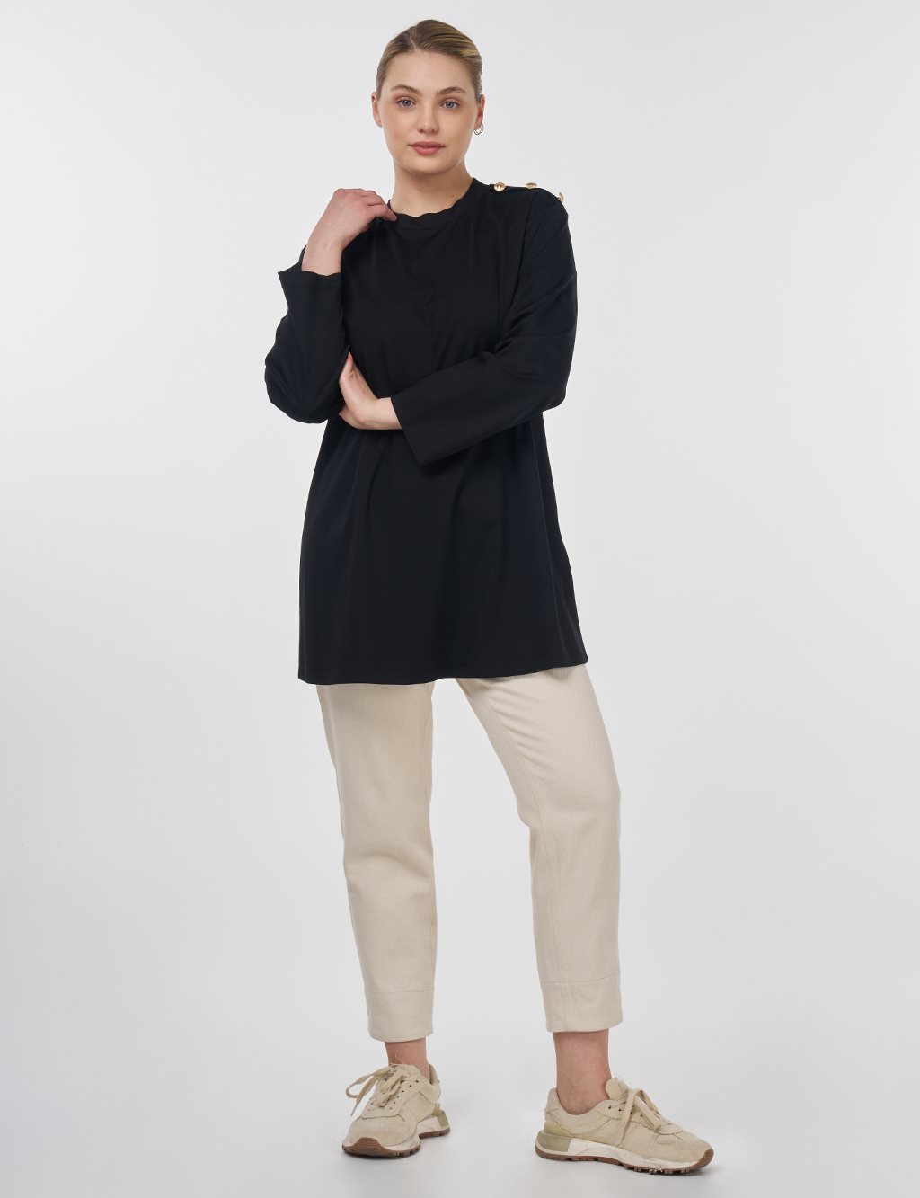 Button-Detail Jersey Tunic Black