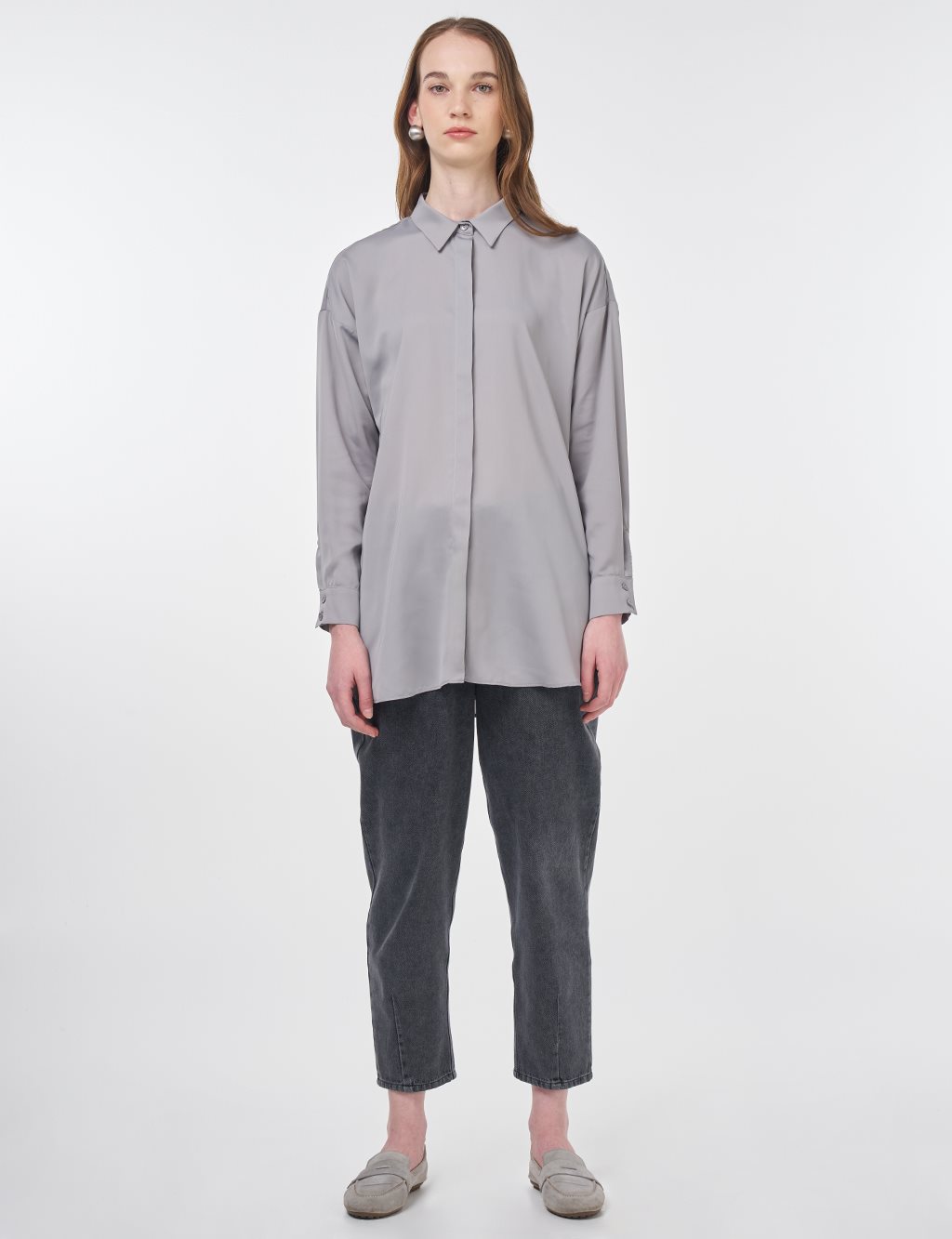 Basic Gömlek Yaka Tunik Gri