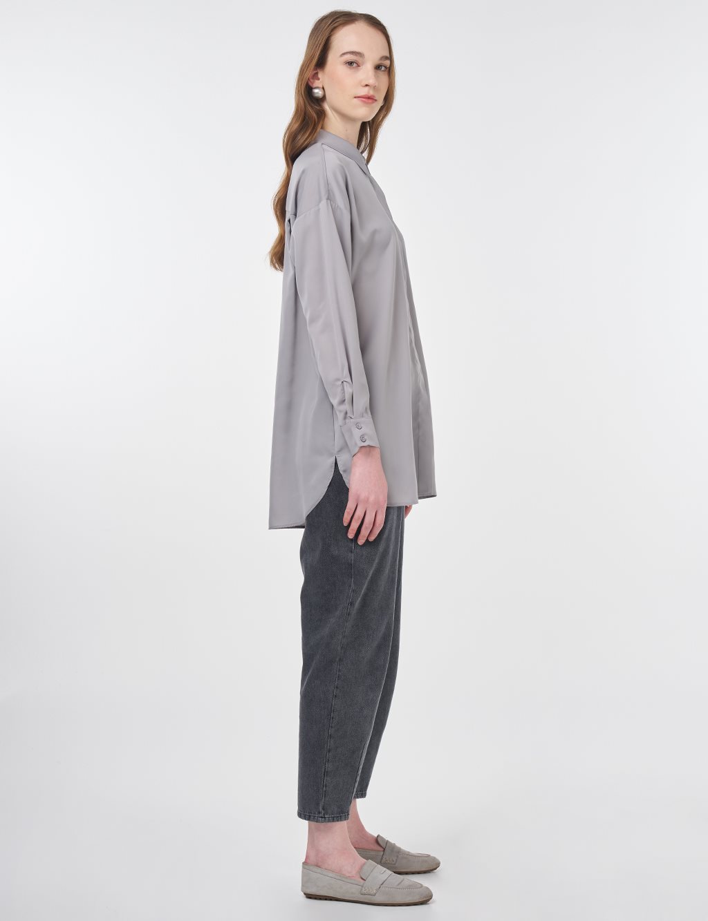 Basic Gömlek Yaka Tunik Gri