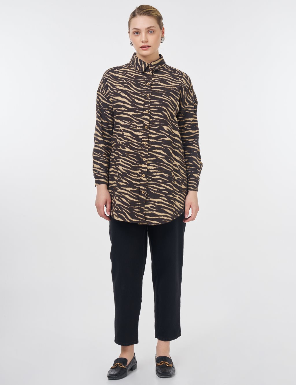 Zebra Pattern Shirt Collar Tunic Dark Brown
