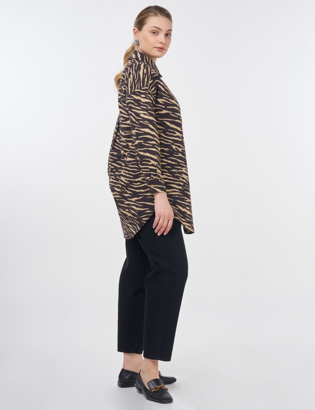 Zebra Pattern Shirt Collar Tunic Dark Brown