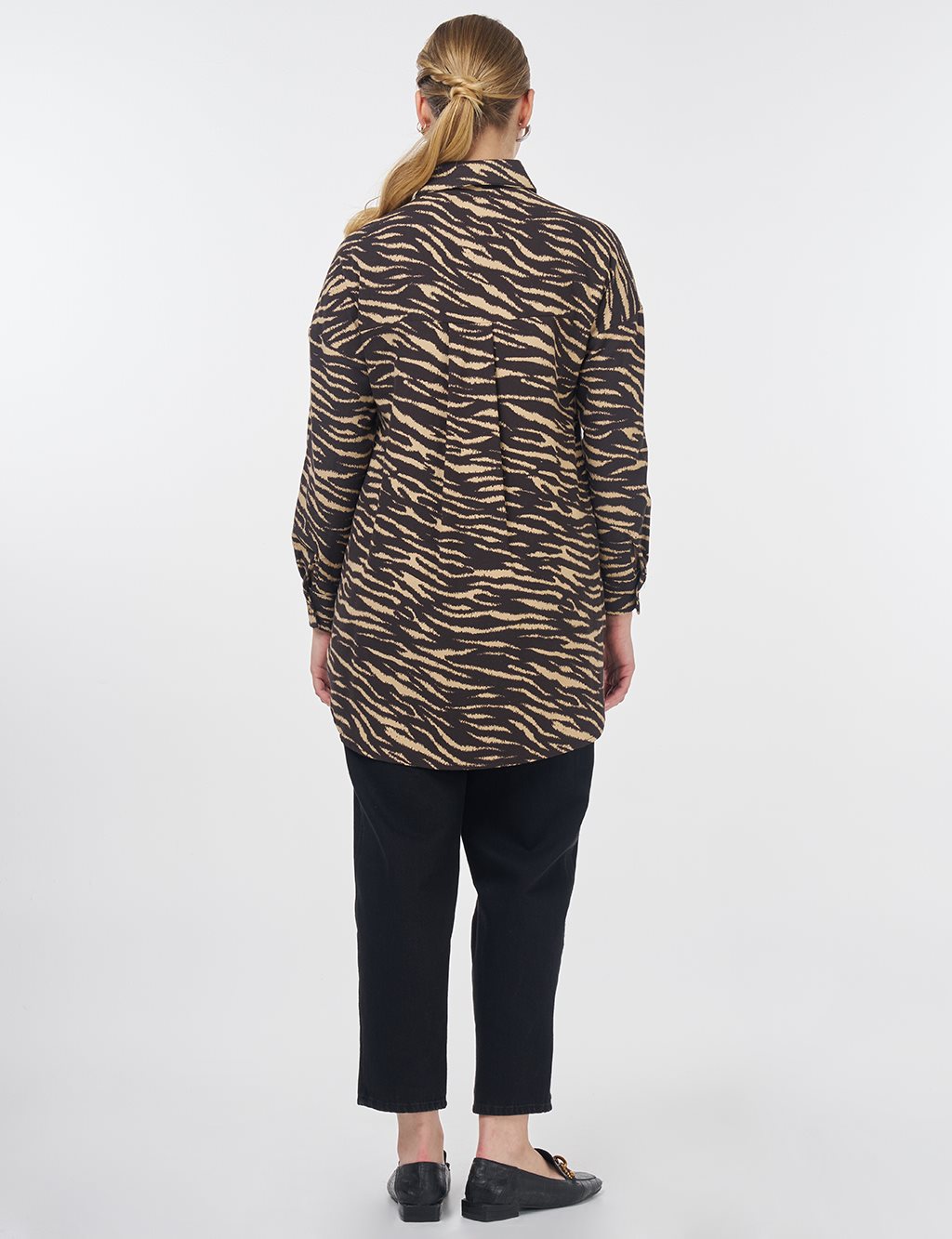 Zebra Pattern Shirt Collar Tunic Dark Brown