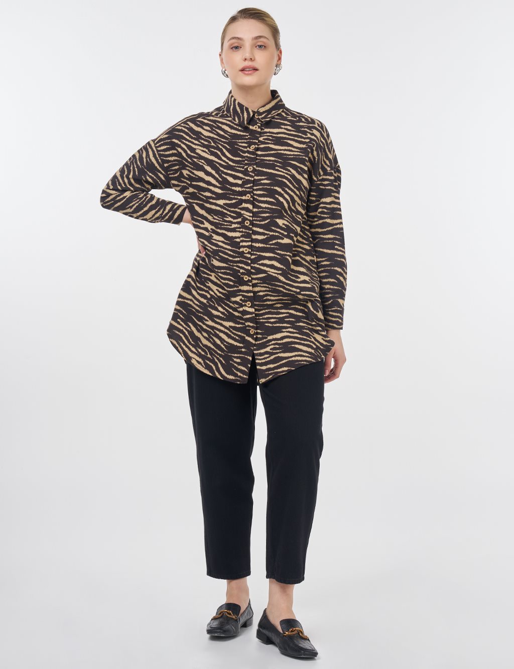 Zebra Pattern Shirt Collar Tunic Dark Brown