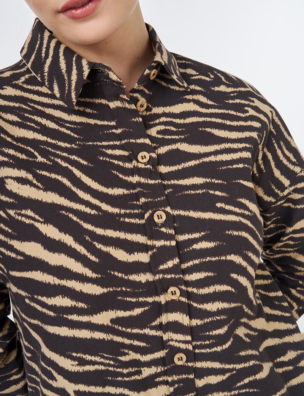 Zebra Pattern Shirt Collar Tunic Dark Brown