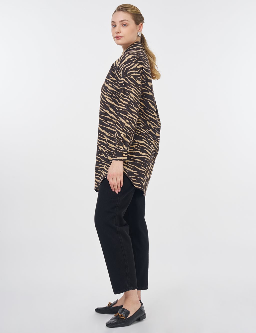 Zebra Pattern Shirt Collar Tunic Dark Brown