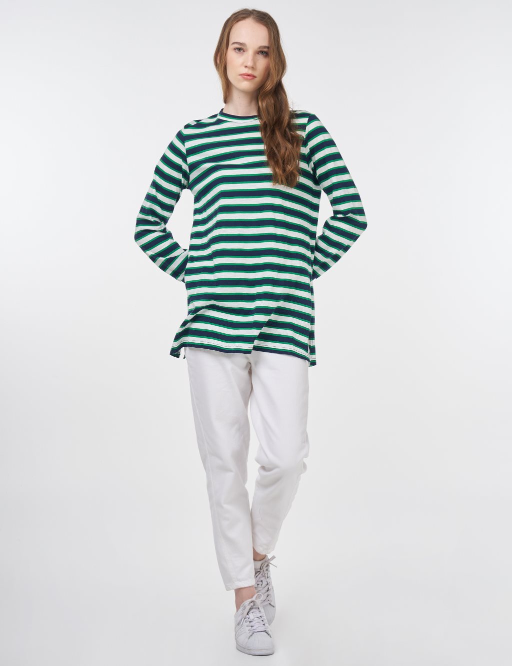 Çizgi Desen Sweatshirt Lacivert-Yeşil