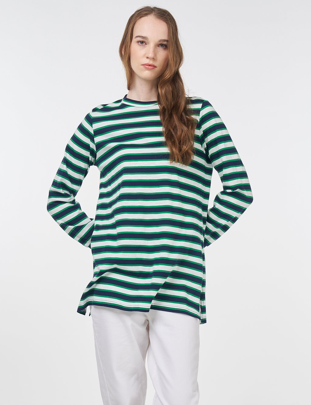 Çizgi Desen Sweatshirt Lacivert-Yeşil