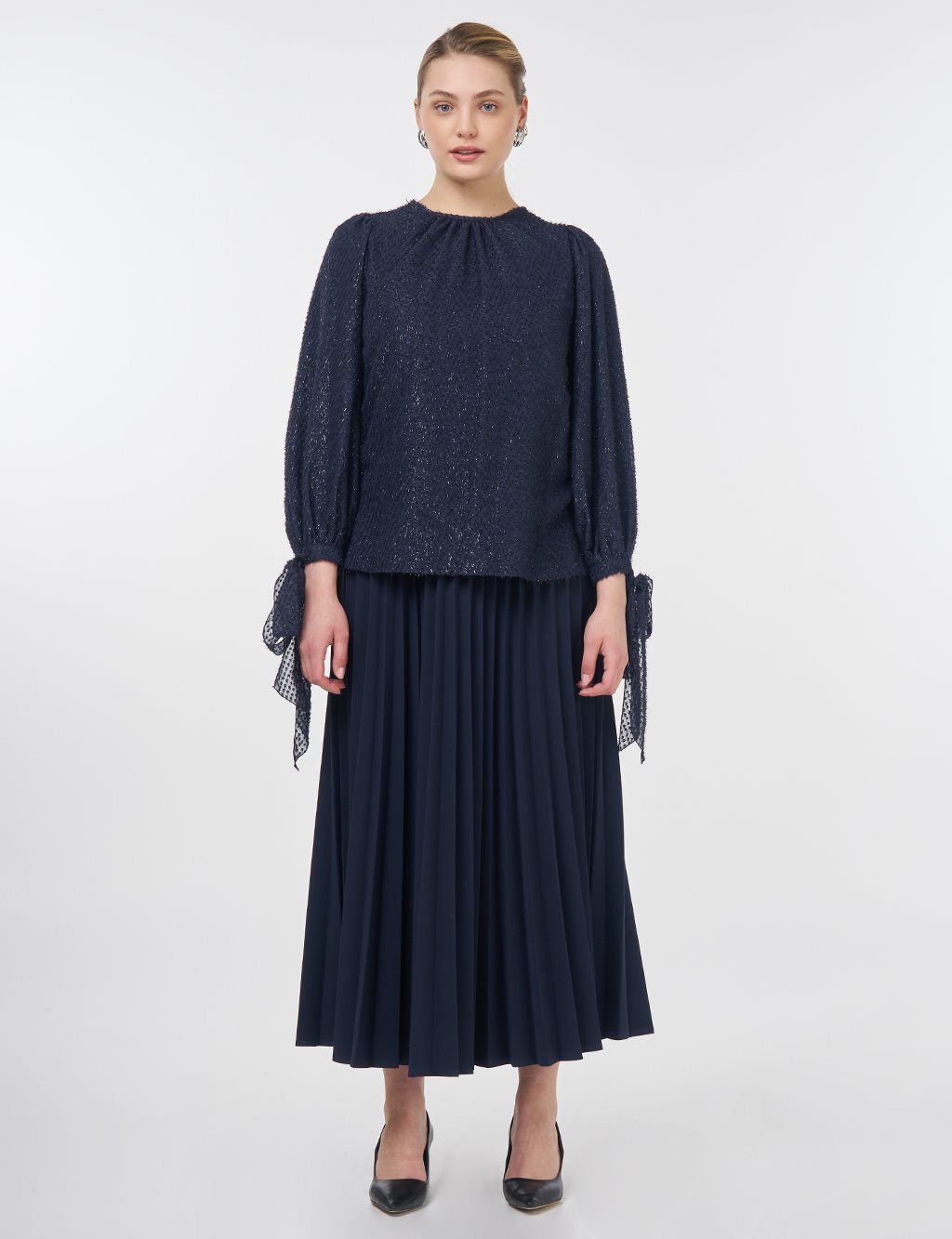 Drawstring Detail Marled Blouse Navy 
